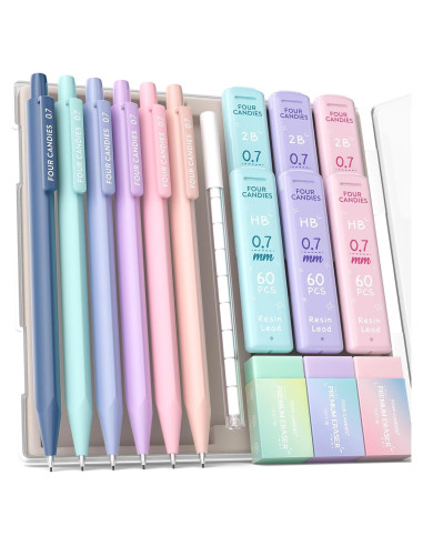 Lápices Mecánicos Four Candies 0.7mm + Borradores Pastel