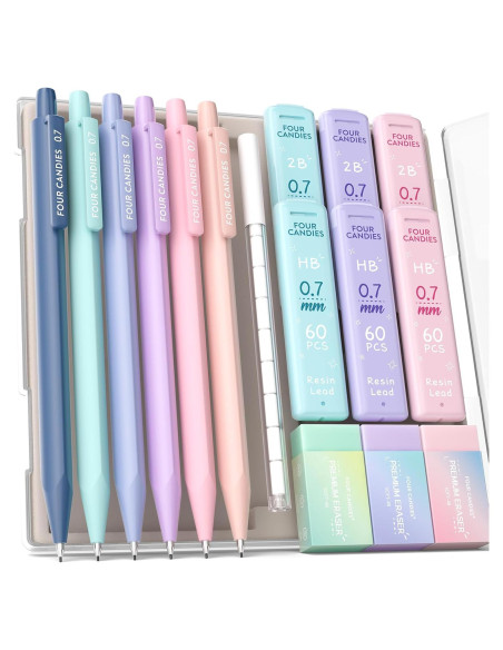 Lápices Mecánicos Four Candies 0.7mm + Borradores Pastel Lápices Mecánicos Four Candies 0.7mm + Borradores Pastel