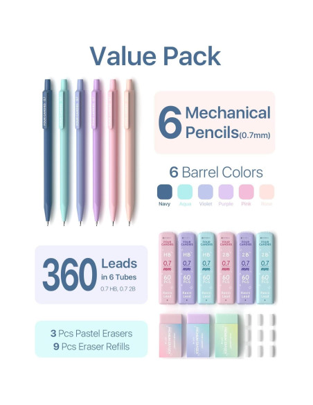 Lápices Mecánicos Four Candies 0.7mm + Borradores Pastel Lápices Mecánicos Four Candies 0.7mm + Borradores Pastel