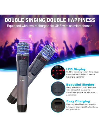 RHM K222 Máquina de Karaoke con 2 Micrófonos y Bluetooth