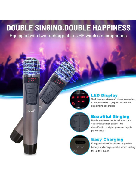 RHM K222 Máquina de Karaoke con 2 Micrófonos y Bluetooth RHM K222 Máquina de Karaoke con 2 Micrófonos y Bluetooth