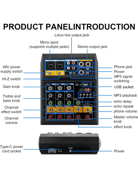 Mezclador de Audio 4 Canales DJ con Doble Micrófono Inalámbrico Mezclador de Audio 4 Canales DJ con Doble Micrófono Inalámbrico