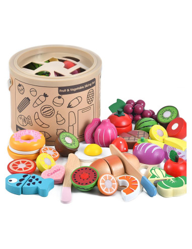 WHOHOLL Juguete de Comida de Madera 19 Piezas para Niños