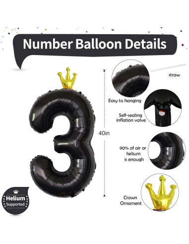 Globo de Número 3 de Aluminio Negro 101,6 cm para Fiesta