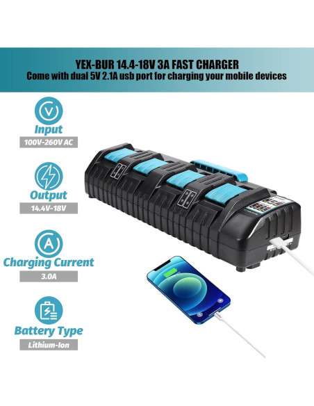 Cargador Rápido 4 Puertos YEX-BUR DC18SF para Baterías Makita Cargador Rápido 4 Puertos YEX-BUR DC18SF para Baterías Makita