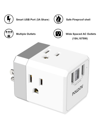 Divisor de Salida 3 Lados POWSAV con 3 Puertos USB Blanco