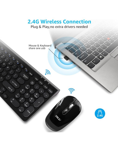 Combo Teclado y Ratón Inalámbrico YXLILI Negro Silencioso