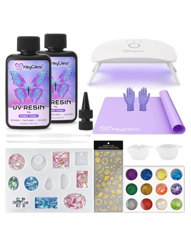 Kit de Resina UV HeyClear 200g con Luz UV y Moldes DIY