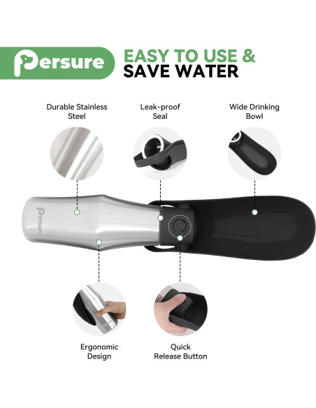 Botella de Agua para Perros Persure 800 ml Acero Inoxidable Negro Botella de Agua para Perros Persure 800 ml Acero Inoxidable Negro