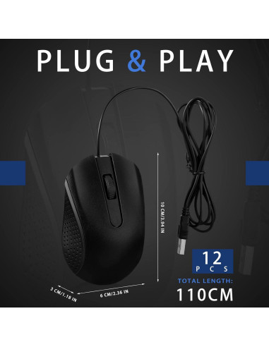 Hoteam Ratón de Computadora con Cable USB Ergonómico Negro - 12 Pcs
