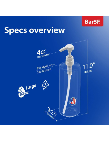 Botella de bomba Bar5F 1L cristal claro libre de BPA Botella de bomba Bar5F 1L cristal claro libre de BPA