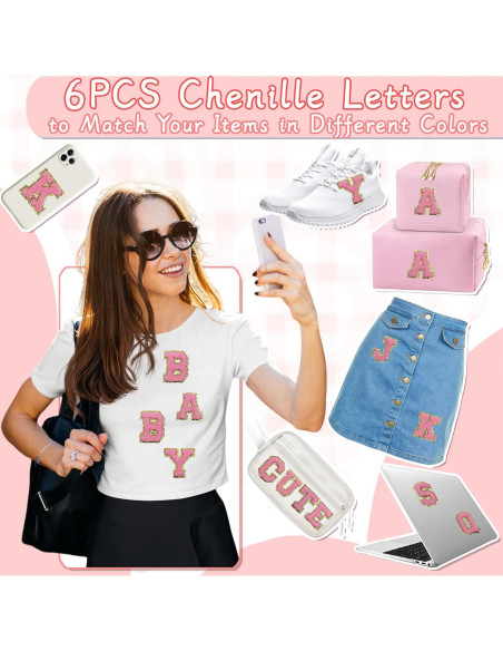 6 Parches de Letra Chenille Autoadhesivos Aganmi Rosa 5.5cm 6 Parches de Letra Chenille Autoadhesivos Aganmi Rosa 5.5cm