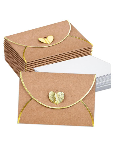 30 Mini Sobres Kraft con Cierre Corazón Dorado y Tarjetas