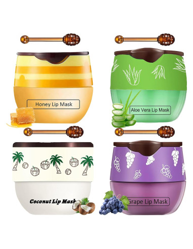 Bálsamo Labial de Abeja TIRDET 4 PCS Miel Coco Aloe Vera Uva