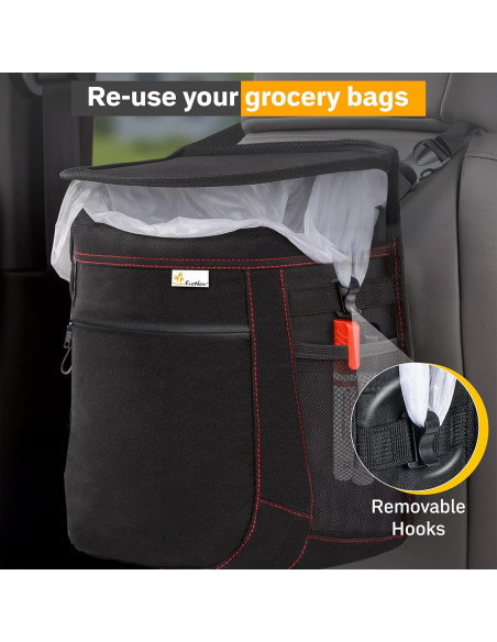 Basurero de Coche EcoNour 9.46L con Tapa y Bolsillos - Negro Basurero de Coche EcoNour 9.46L con Tapa y Bolsillos - Negro