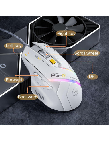 Ratón Gaming U PG1 Blanco 12800 DPI 6 Botones RGB Ergonómico