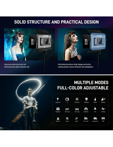 Luz LED RGB 60W GVM con Soporte y Control Bluetooth