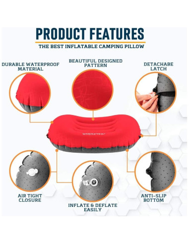 Almohada de Camping Inflable Alpcour Grande 91x50cm Roja