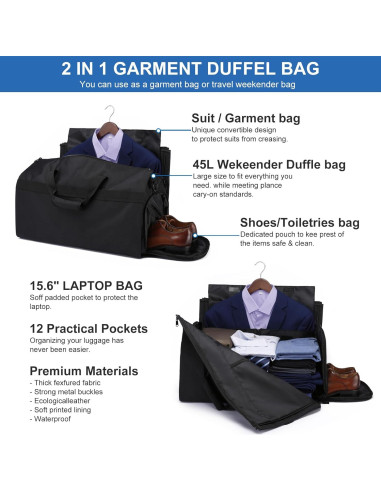 Bolsa de Ropa y Duffel 2 en 1 para Viaje 55x31x30cm Negra
