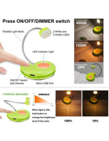 Luz de Libro Recargable LUXSWAY Ámbar Verde con Clip y Magnético