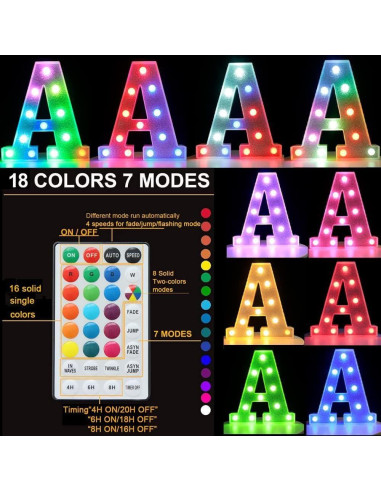 Letras Iluminadas Pooqla LED a Pilas 18 Colores Control Remoto