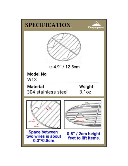 Rejilla de Cocina Campingmoon 12.5 cm Acero Inoxidable W13 Rejilla de Cocina Campingmoon 12.5 cm Acero Inoxidable W13