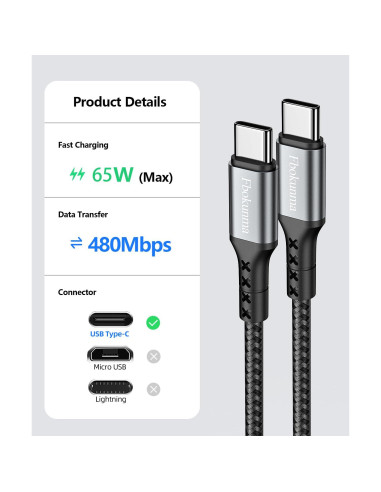 Cable USB C a USB C 30cm 65W Carga Rápida 3 Pack - Fbokunma