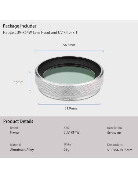 Capucha de Lente y Filtro UV Haoge LUV-X54W para Fujifilm X100V/X100VI Capucha de Lente y Filtro UV Haoge LUV-X54W para Fujifilm X100V/X100VI