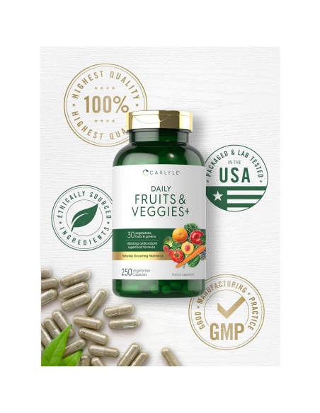 Suplemento de Frutas y Verduras Carlyle | 250 Cápsulas Vegetarianas | 30 Superalimentos Suplemento de Frutas y Verduras Carlyle | 250 Cápsulas Vegetarianas | 30 Superalimentos