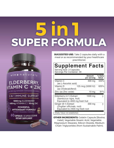 Suplemento Inmunológico Viva Naturals Elderberry 60 Cápsulas