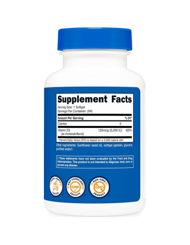 Nutricost Vitamina D3 5000 UI 240 Gelatinas Blandas Sin Gluten