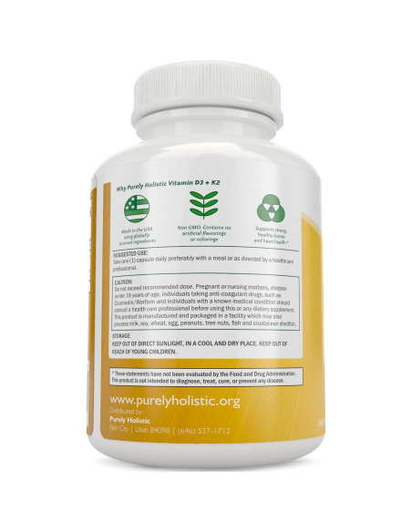 Vitaminas D3 5000 UI y K2 90 mcg MK7 Purely Holistic 150 Cápsulas Vegetarianas