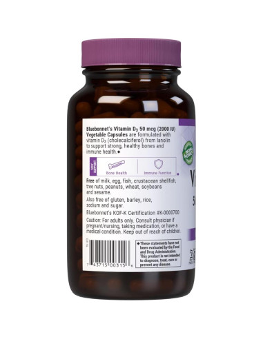 Cápsulas Vegetales Vitamina D3 2000 UI Bluebonnet 180 Unidades