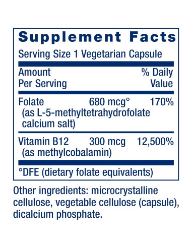 Suplemento Folato BioActivo y Vitamina B12 Life Extension 90 Cápsulas