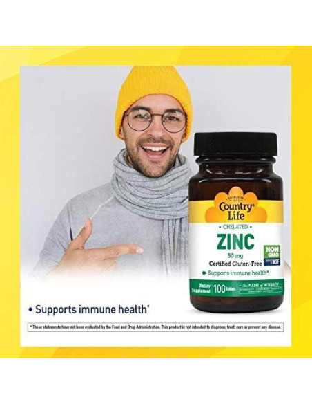 Country Life Zinc Quelado 50 mg - Suplemento Inmunológico Vegano 100 Tabletas Country Life Zinc Quelado 50 mg - Suplemento Inmunológico Vegano 100 Tabletas