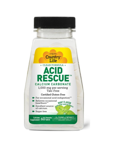 Tabletas Masticables Country Life Acid Rescue 60 Unidades - Alivio de Acidez y Salud Ósea, 400mg Calcio y Magnesio, Veganas