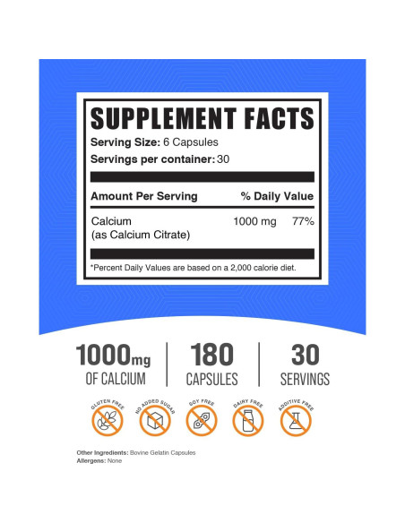 Cápsulas de Citrato de Calcio BulkSupplements 1000mg 180 Unidades Cápsulas de Citrato de Calcio BulkSupplements 1000mg 180 Unidades