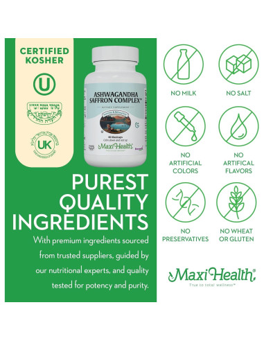 Complejo de Ashwagandha y Azafrán Maxi Health 600mg 60 Cápsulas