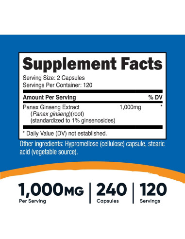 Nutricost Ginseng Panax 1000mg 240 Cápsulas Sin OGM Gluten