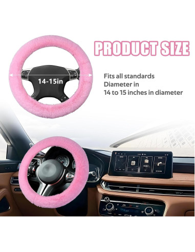 Cubierta de Volante de Coche Peluda Wuyaoyao 15'' Rosa Antideslizante