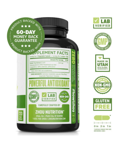 Suplemento de Té Verde Zhou Nutrition 500mg - 120 Cápsulas Veganas