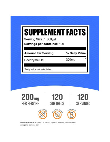 Suplemento CoQ10 200mg BulkSupplements - 120 Softgels