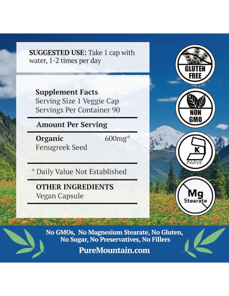 Cápsulas de Fenogreco Orgánico Pure Mountain 600mg Veganas Cápsulas de Fenogreco Orgánico Pure Mountain 600mg Veganas