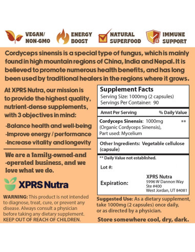 Cápsulas de Hongo Cordyceps XPRS Nutra - 180 Unidades
