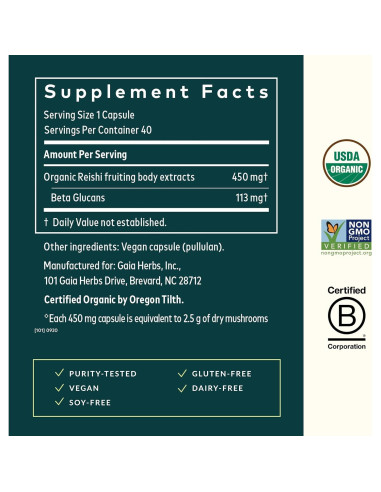 Suplemento Herbal Adaptógeno Gaia Herbs Hongo Reishi 40 Cápsulas