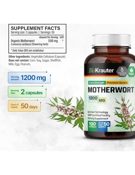Cápsulas de Motherwort BIO KRAUTER 1200 mg - 100 Unidades - Suplemento Vegano Cápsulas de Motherwort BIO KRAUTER 1200 mg - 100 Unidades - Suplemento Vegano