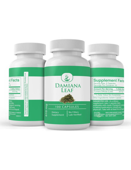 Cápsulas de Hoja de Damiana 100% Puras Siempre Puro 100 Unidades Cápsulas de Hoja de Damiana 100% Puras Siempre Puro 100 Unidades