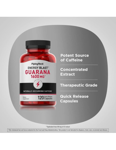 Cápsulas de Guaraná Piping Rock 1600 mg - 120 Unidades - Suplemento Energético