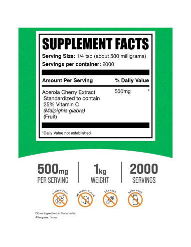 Polvo de Extracto de Cereza Acerola BulkSupplements 1kg - Vitamina C Vegano