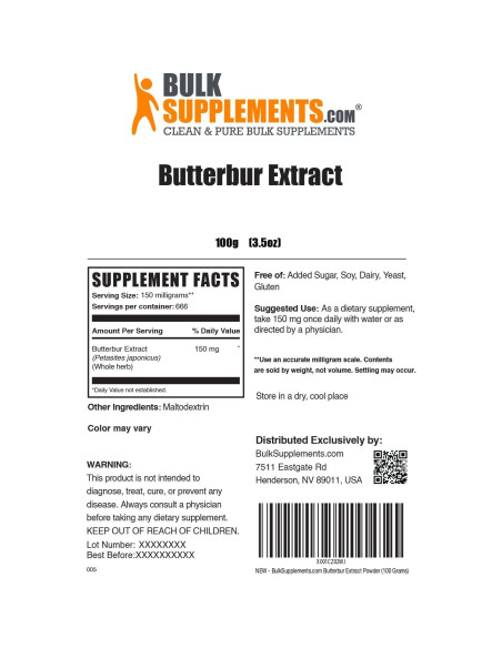 Polvo de Extracto de Butterbur BulkSupplements 150mg 100g Vegano Polvo de Extracto de Butterbur BulkSupplements 150mg 100g Vegano